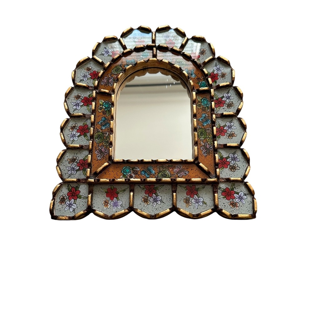 VTG Peruvian Cuzcaja Wall Mirror Reverse Painted Glass Gld Gilt Arched 11.5in